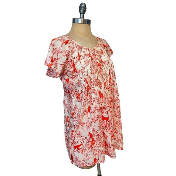Robert Roller Rabbit Orange & Pink Monkey Print Smocked Tunic Top Small - Picture 2 of 6